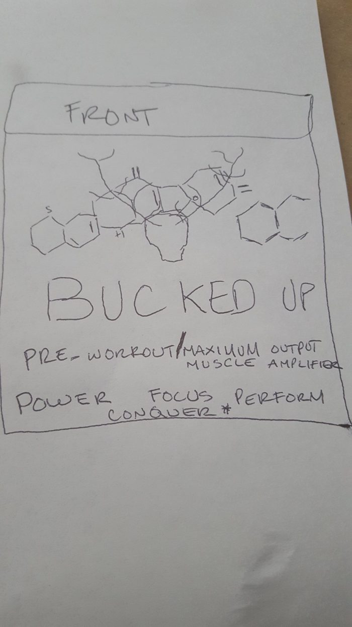 Hand-drawn sketch of the Bucked Up pre-workout label front